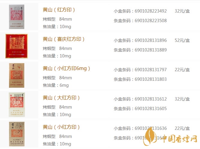 黄山红方印香烟价格表和图片大全