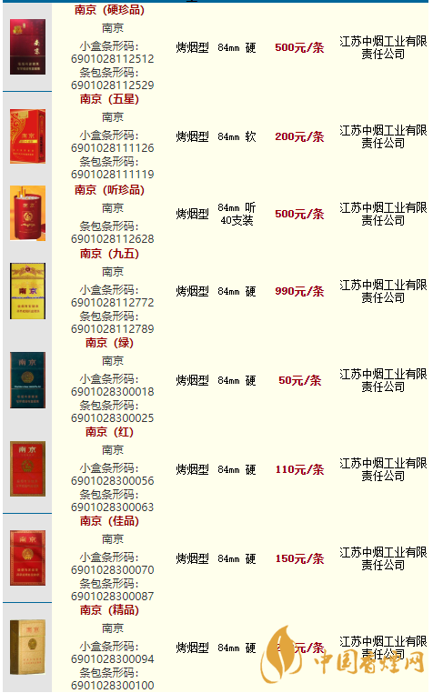 南京香烟价格表图图片